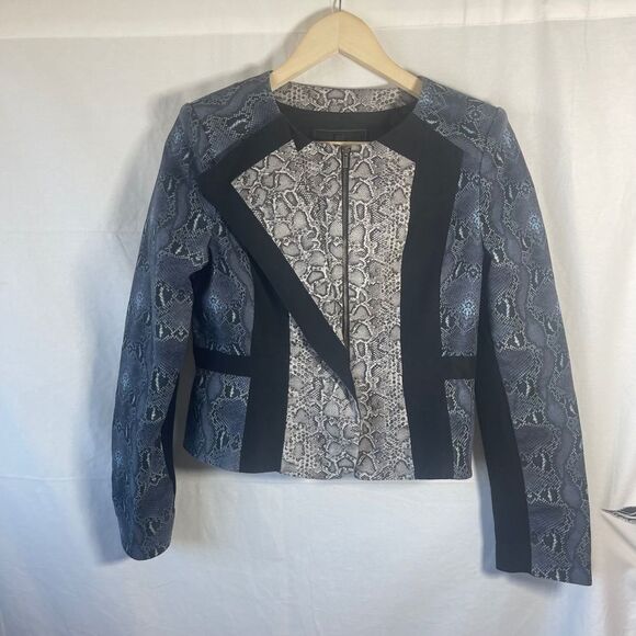BCBGMaxAzria Edward Black/Blue/White Snake Print Zip Front Blazer Sz M - Picture 3 of 11